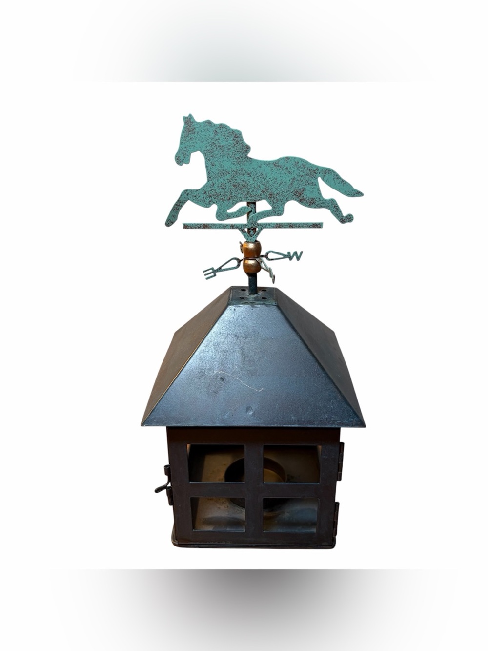 Metal Stable Farm Cupola Horse Weathervane Votive Candle Holder Spinning NESW